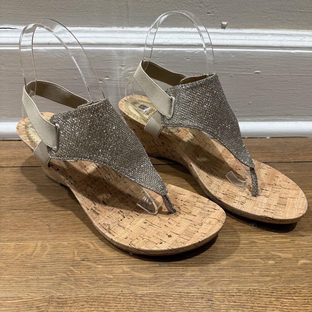 White Mountain Women Wedge Sandals Glitter Silver Gold Flip Flops Size 8.5